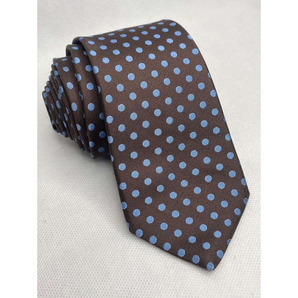 Cremieux by Daniel Cremieux 100% Silk Tie Brown w/ Blue Polkadots Skinny Necktie